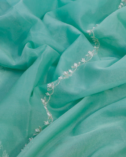 Organza silk saree teal green shade with allover beaded work and zardosi work border & embroidery work readymade blouse