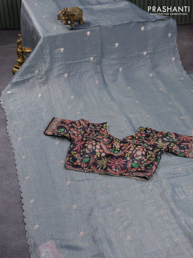 Satin silk saree pastel grey with embroidery work buttas and lace work border & embroidery work readymade blouse
