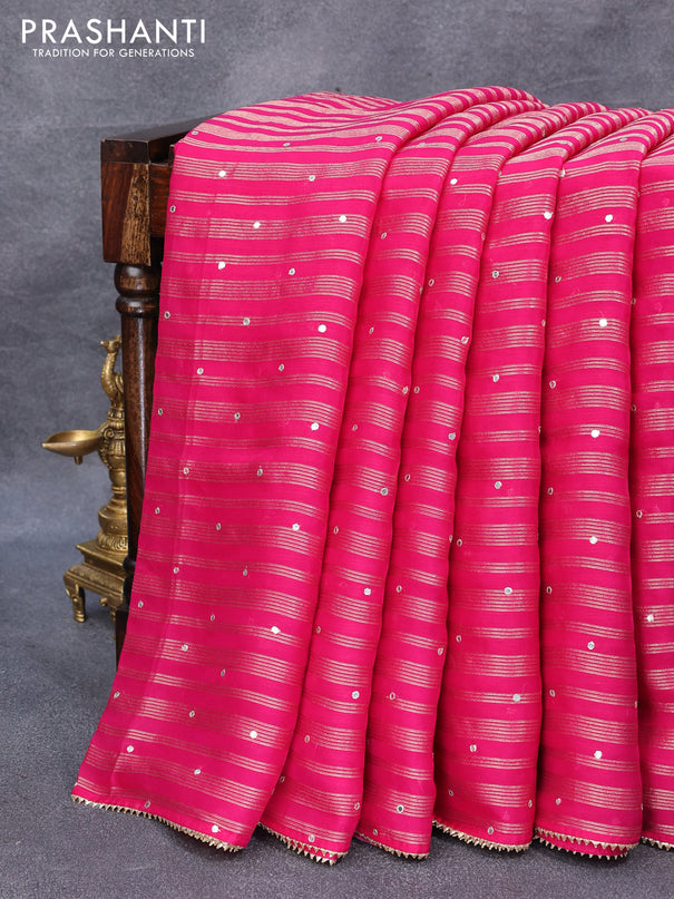 Organza silk saree pink with allover zari woven stripes pattern & mirror work and gottapatti lace work border & embroidery work readymade blouse