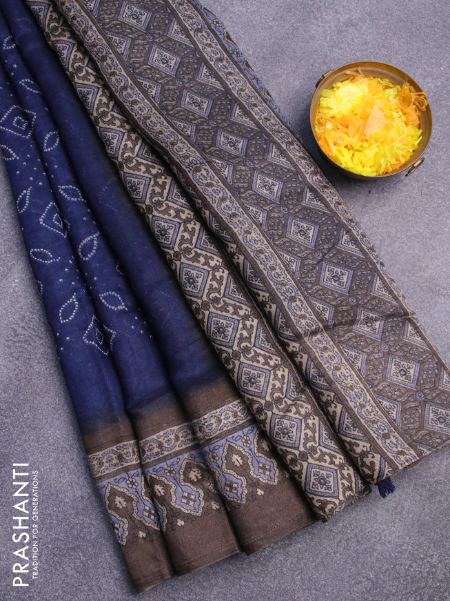 Semi linen saree blue and dark grey with allover bandhani prints and ajrakh printed pallu