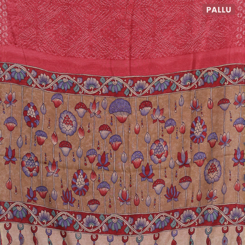 Semi linen saree peach pink and beige with allover bandhani prints and kalamkari printed pallu