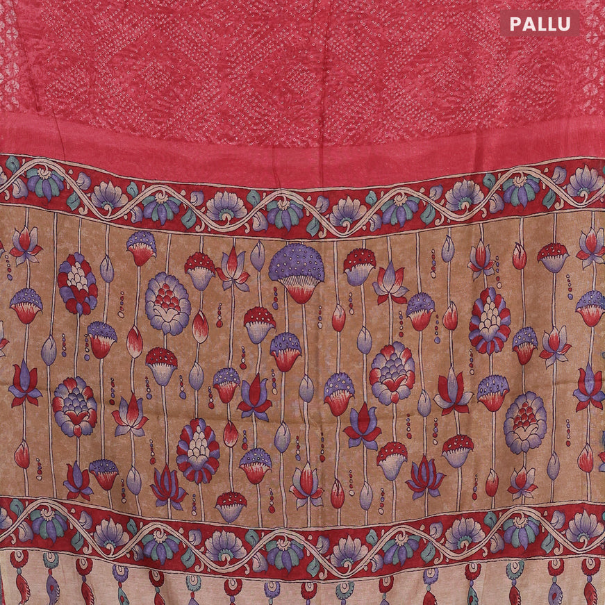 Semi linen saree peach pink and beige with allover bandhani prints and kalamkari printed pallu