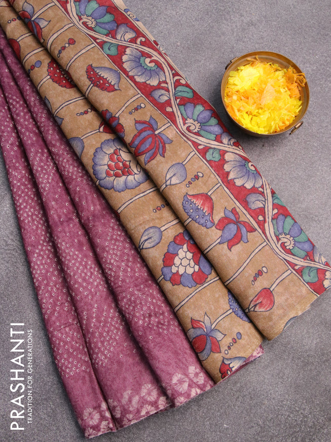 Semi linen saree mild purple and beige with allover bandhani prints and kalamkari printed pallu