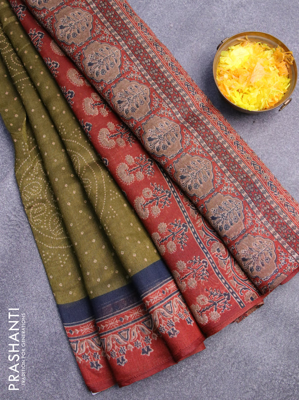 Semi linen saree mehendi green and maroon with allover bandhani prints and ajrakh printed border