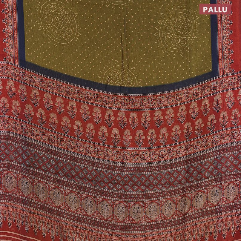 Semi linen saree mehendi green and maroon with allover bandhani prints and ajrakh printed border