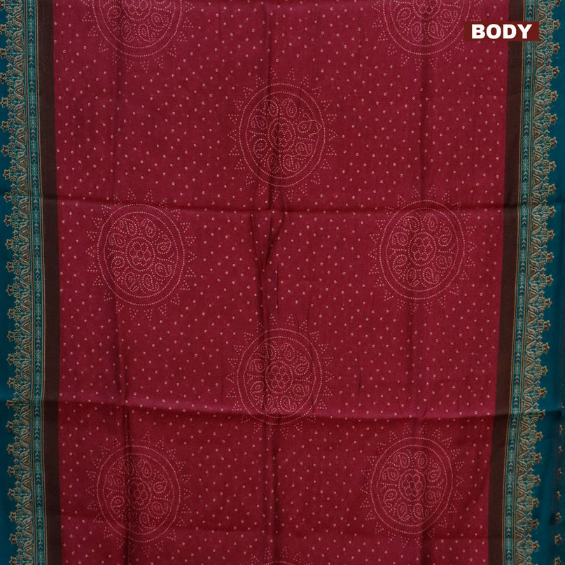 Semi linen saree magenta pink and peacock green with allover bandhani prints and ajrakh printed border