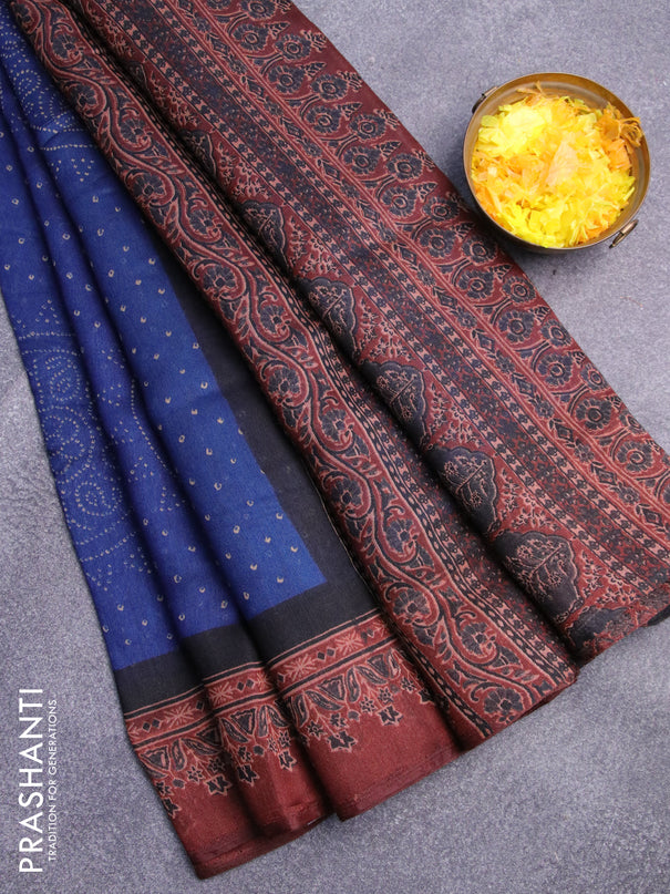 Semi linen saree blue and maroon with allover bandhani prints and ajrakh printed border