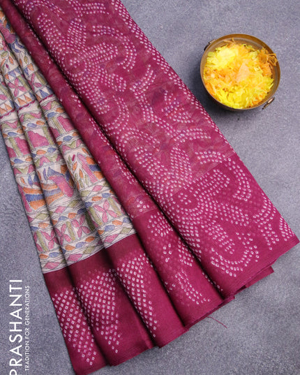 Semi linen saree cream and magenta pink with allover bandhani prints and printed border