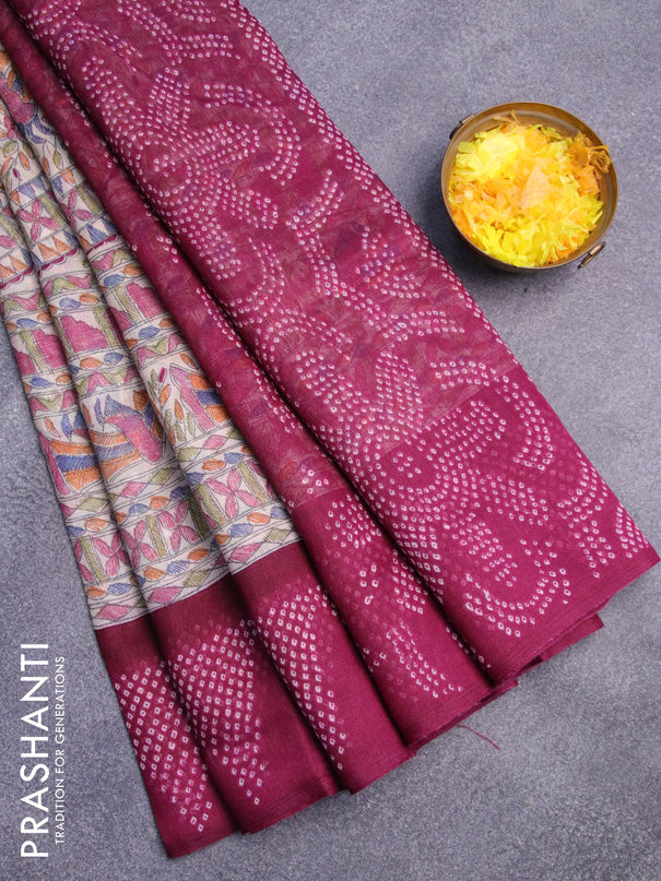 Semi linen saree cream and magenta pink with allover bandhani prints and printed border