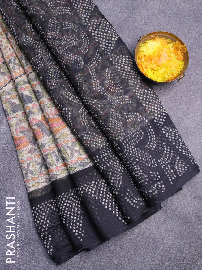 Semi linen saree cream and black with allover bandhani prints and printed border
