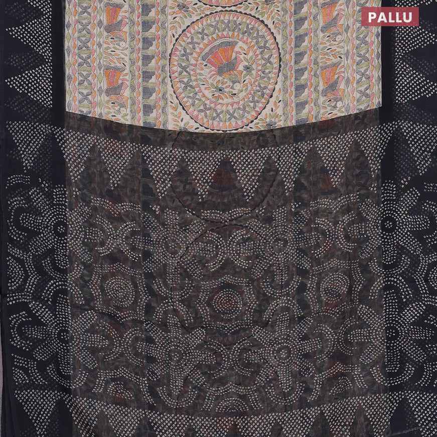 Semi linen saree cream and black with allover bandhani prints and printed border