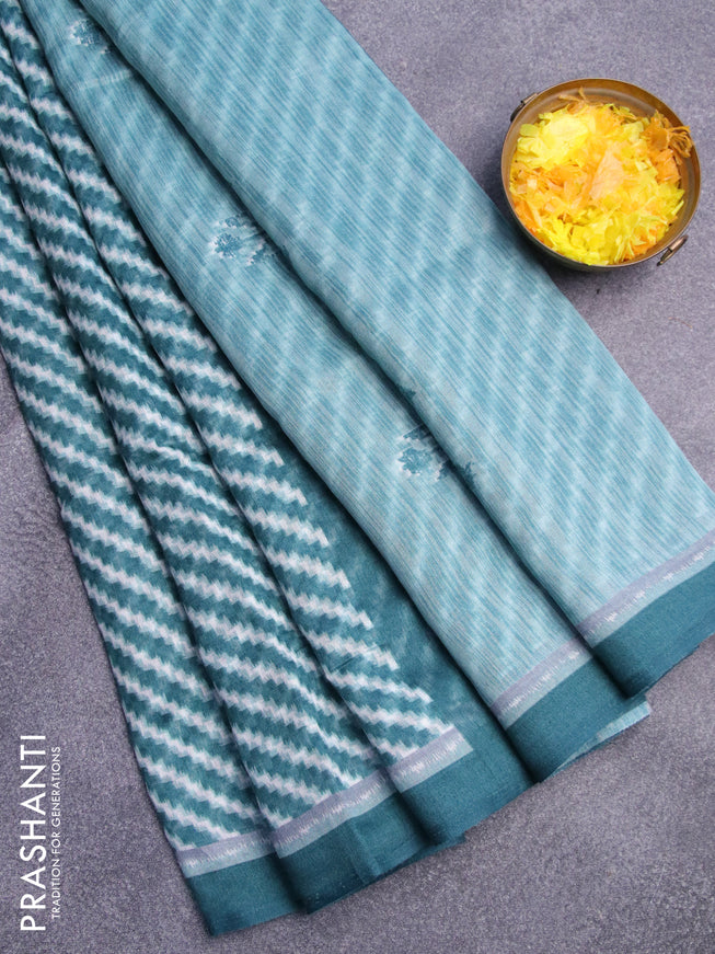 Semi linen saree teal blue with allover stripes pattern and simple border