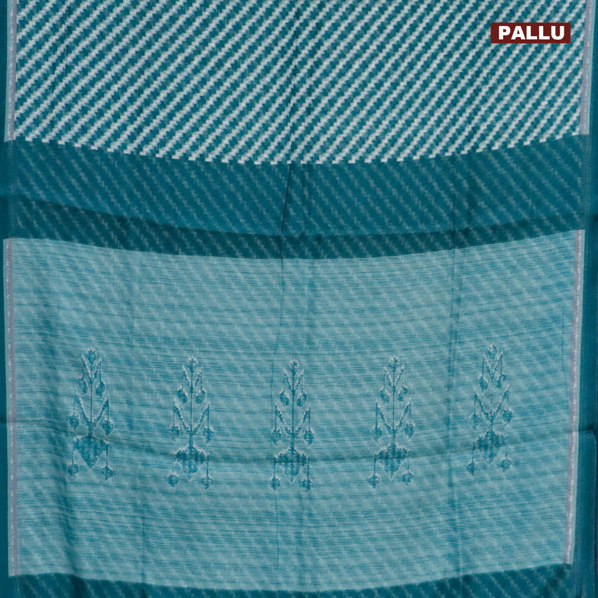 Semi linen saree teal blue with allover stripes pattern and simple border