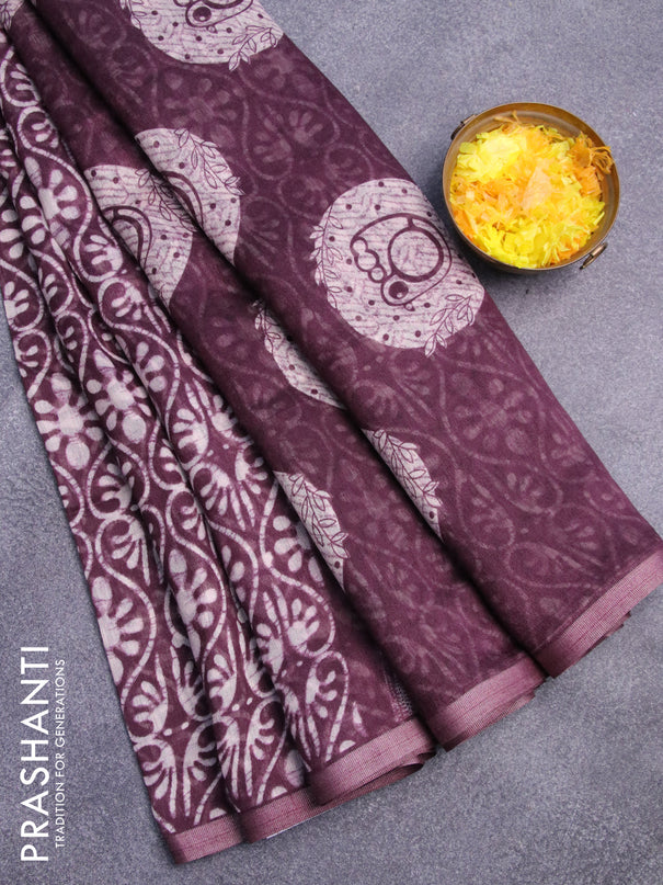 Semi linen saree wine shade with allover prints and piping border