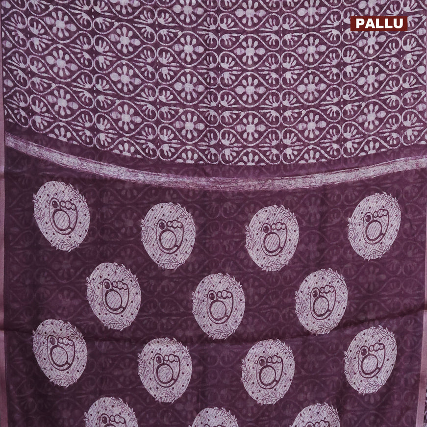 Semi linen saree wine shade with allover prints and piping border