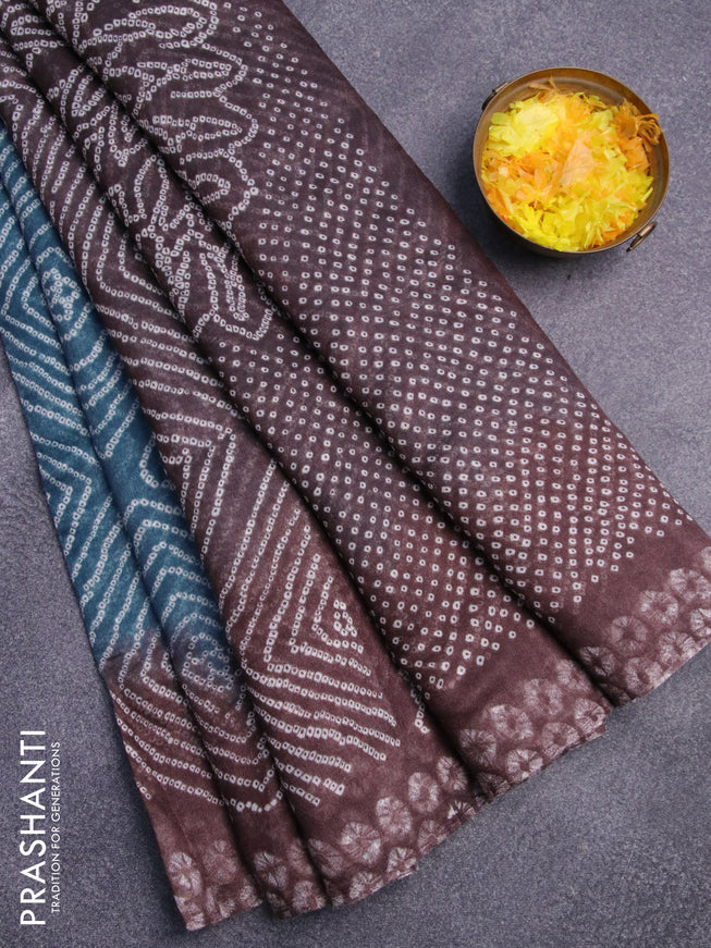 Semi linen saree blue and coffee brown with allover bandhani prints and batik printed border