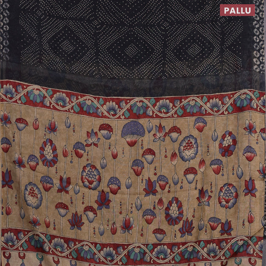 Semi linen saree black and beige with allover bandhani prints and kalamkari printed pallu