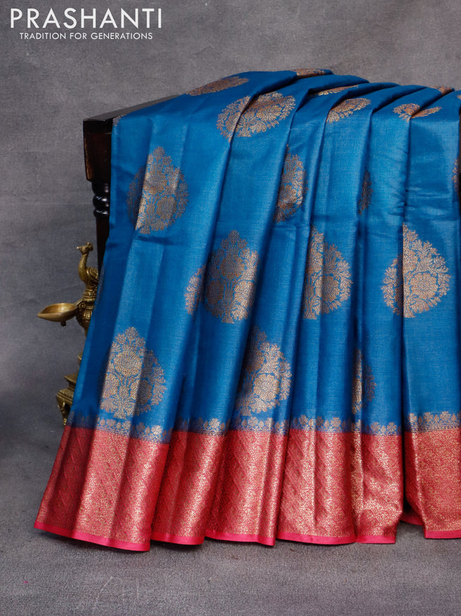 Banarasi tussar silk saree cs blue and magenta pink with thread & zari woven buttas and woven border