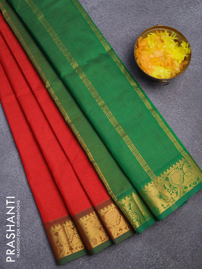 Silk cotton saree red and green with allover vairaosi pattern and zari woven border