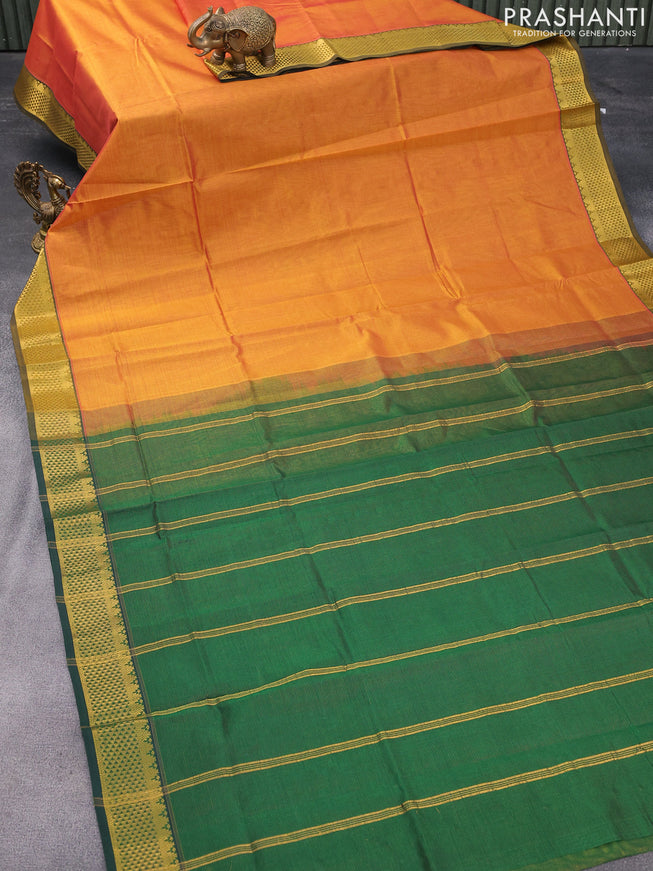 Silk cotton saree dual shade of mustard yellow and dark green with allover vairaosi pattern and zari woven border