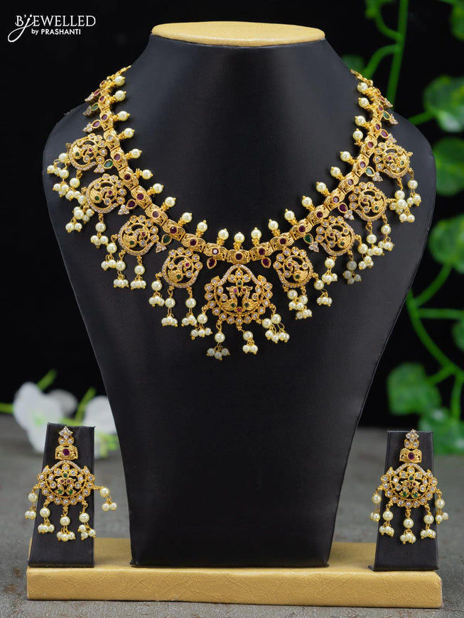 Antique guttapusalu necklace swan design kemp and cz stones with pearl hangings - {{ collection.title }} by Prashanti Sarees