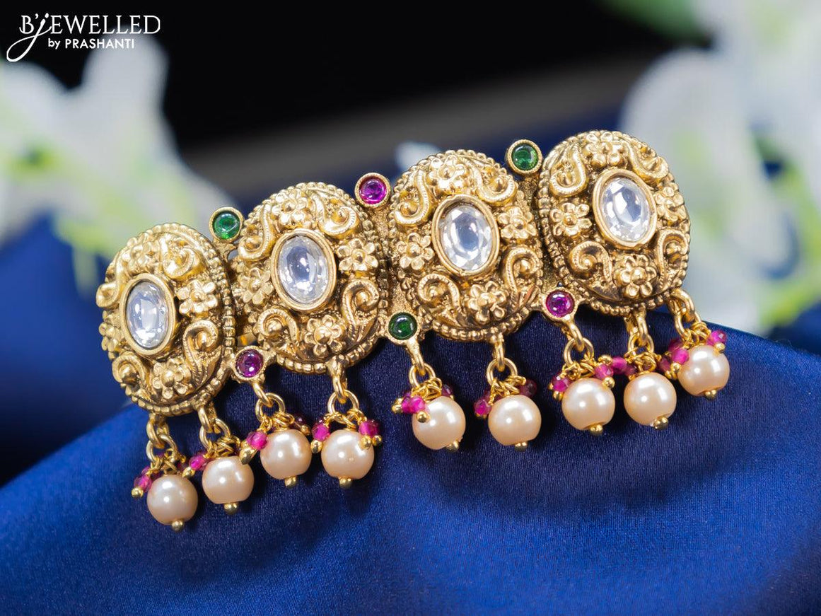 Antique hair clip medium size with kemp stone and pearl hangings - {{ collection.title }} by Prashanti Sarees