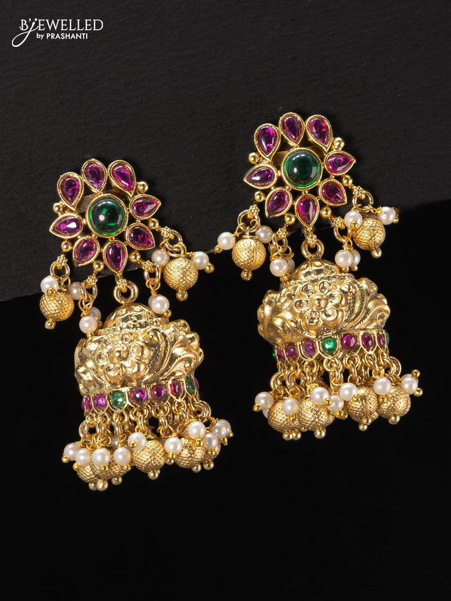 Antique jhumka floral design with kemp stone and golden beads hangings - {{ collection.title }} by Prashanti Sarees