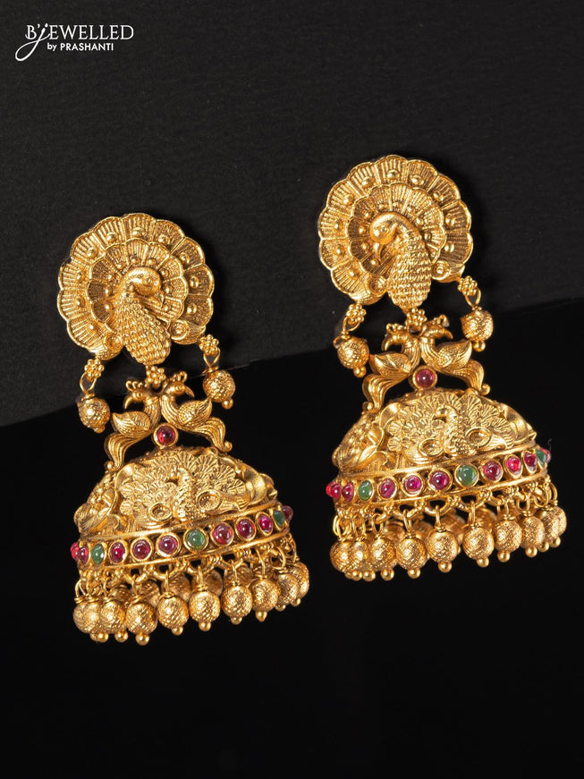 Antique jhumka peacock design with kemp stone and golden beads hangings - {{ collection.title }} by Prashanti Sarees