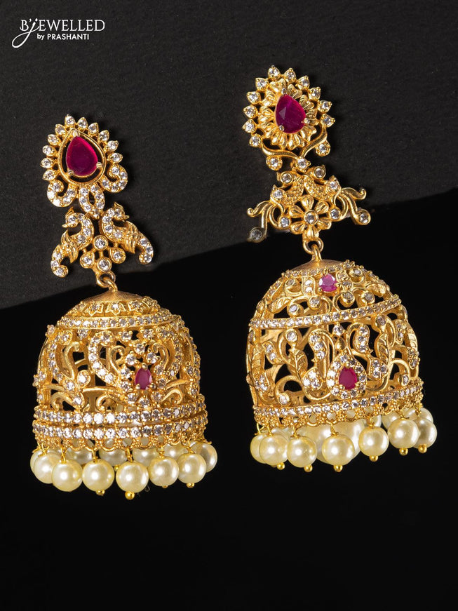 Antique jhumka pink kemp and cz stone with pearl hangings - {{ collection.title }} by Prashanti Sarees