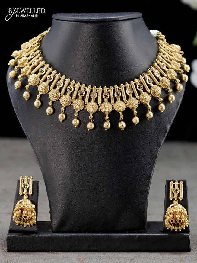 Antique necklace lakshmi design with kemp stones and golden beads hangings - {{ collection.title }} by Prashanti Sarees