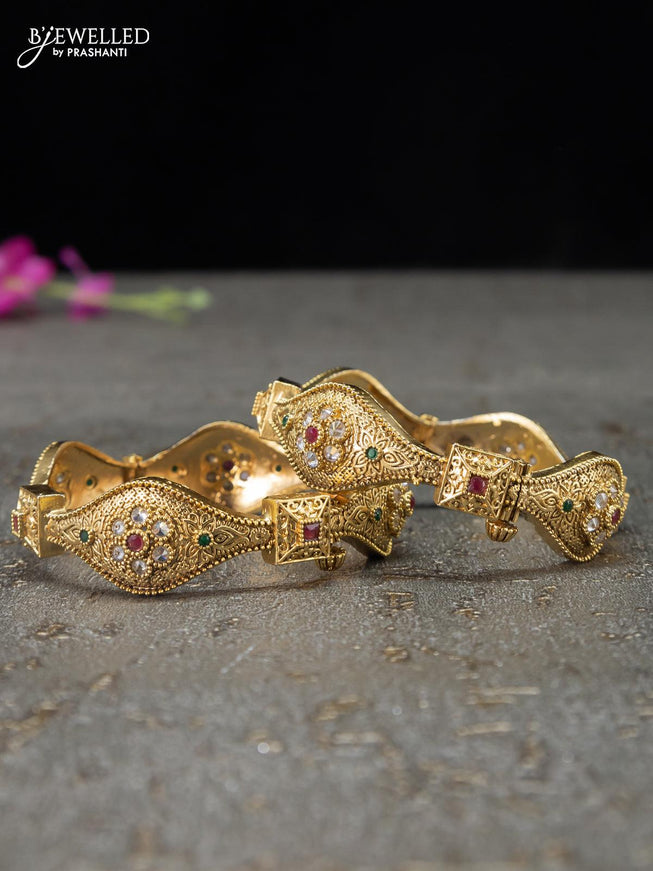 Antique screw type bangles floral design with kemp and cz stones - {{ collection.title }} by Prashanti Sarees