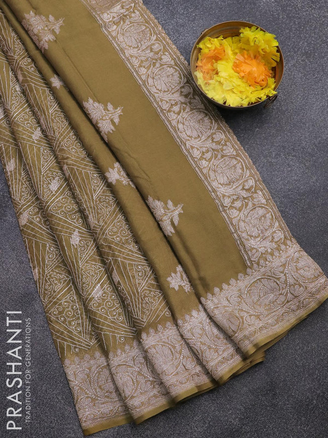 Banarasi chiffon saree dark mustard with allover chikankari work and silver zari woven border - {{ collection.title }} by Prashanti Sarees