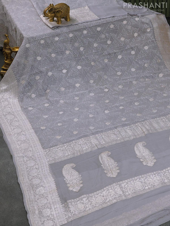 Banarasi chiffon saree grey with allover chikankari work and silver zari woven border - {{ collection.title }} by Prashanti Sarees