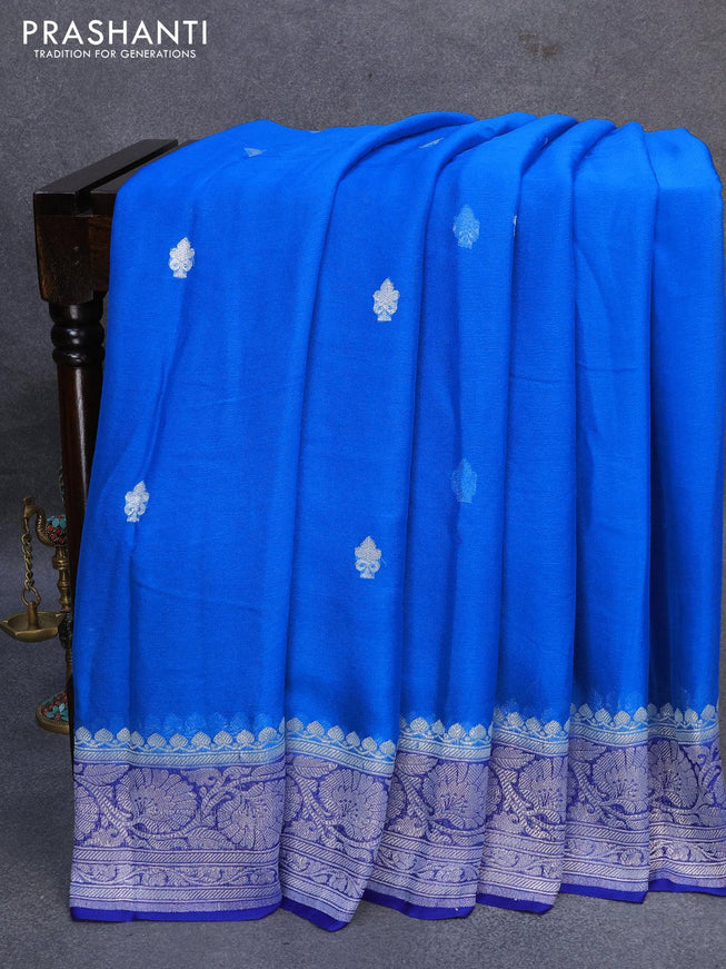 Banarasi chiffon silk saree cs blue and blue with silver zari woven buttas and silver zari woven floral border - {{ collection.title }} by Prashanti Sarees