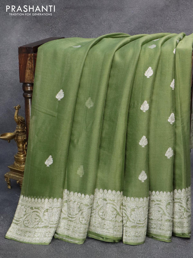 Banarasi chiffon silk saree green shade with silver zari woven buttas and silver zari woven border - {{ collection.title }} by Prashanti Sarees