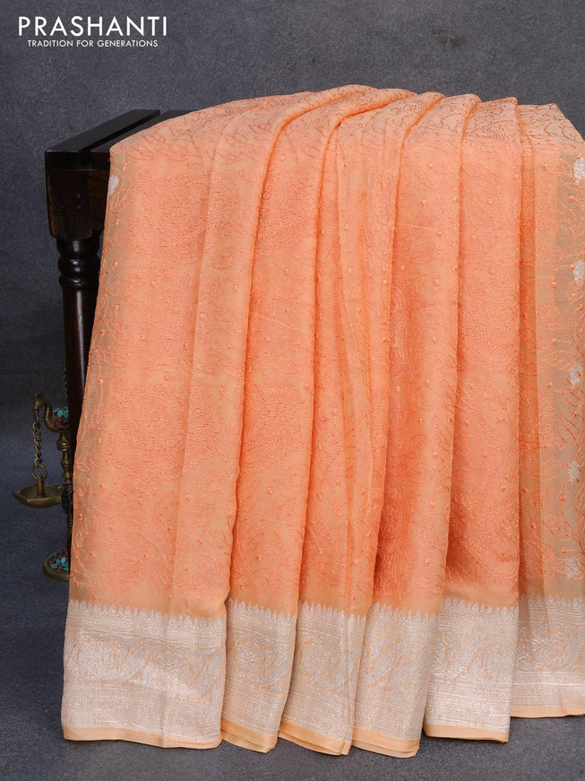 Banarasi chiffon silk saree pale orange with allover chikankari work & silver zari buttas and silver zari woven border - {{ collection.title }} by Prashanti Sarees