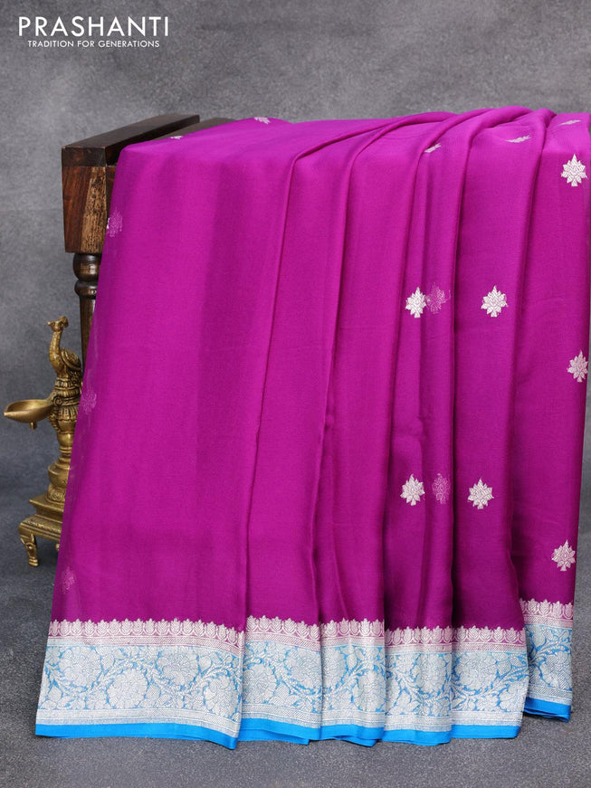 Banarasi chiffon silk saree purple and cs blue with silver zari woven buttas and silver zari woven border - {{ collection.title }} by Prashanti Sarees