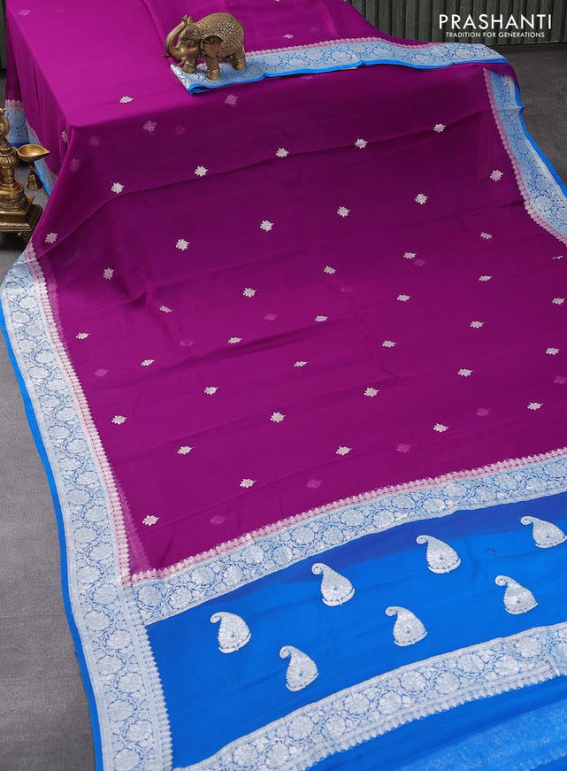 Banarasi chiffon silk saree purple and cs blue with silver zari woven buttas and silver zari woven border - {{ collection.title }} by Prashanti Sarees
