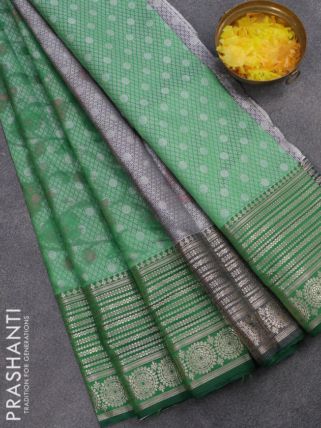 Banarasi kora saree green with allover ikat weaves and long zari woven border - {{ collection.title }} by Prashanti Sarees