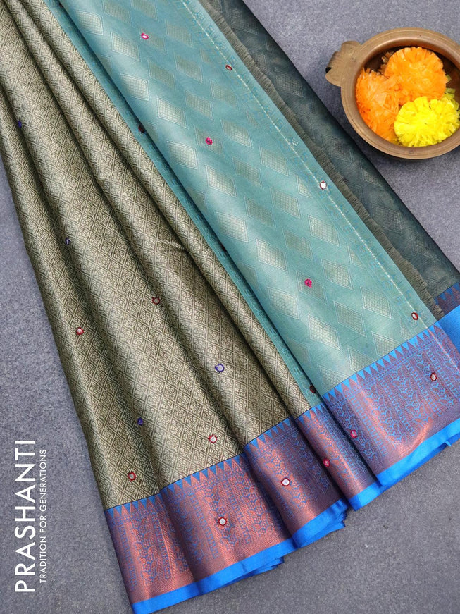 Banarasi kora saree grey and blue with allover self emboss & mirror work and copper zari woven border - {{ collection.title }} by Prashanti Sarees