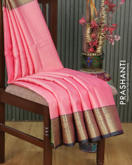 Banarasi kora saree ligh pink and dark green with allover self emboss and zari woven border - {{ collection.title }} by Prashanti Sarees