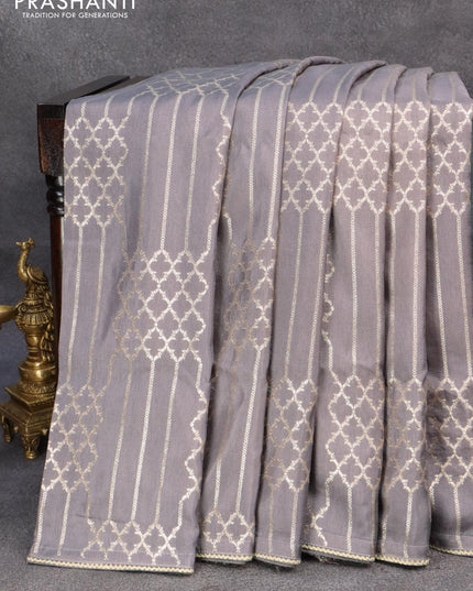 Banarasi munga tussar silk saree grey with allover zari weaves and lace work border - {{ collection.title }} by Prashanti Sarees