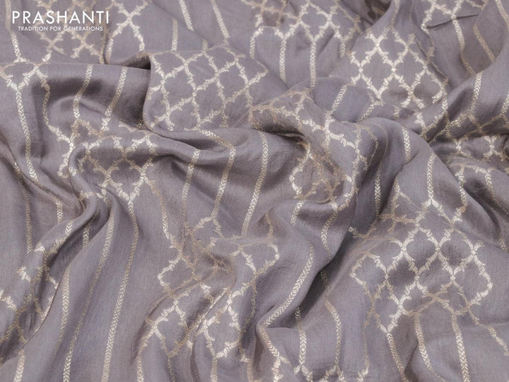 Banarasi munga tussar silk saree grey with allover zari weaves and lace work border - {{ collection.title }} by Prashanti Sarees