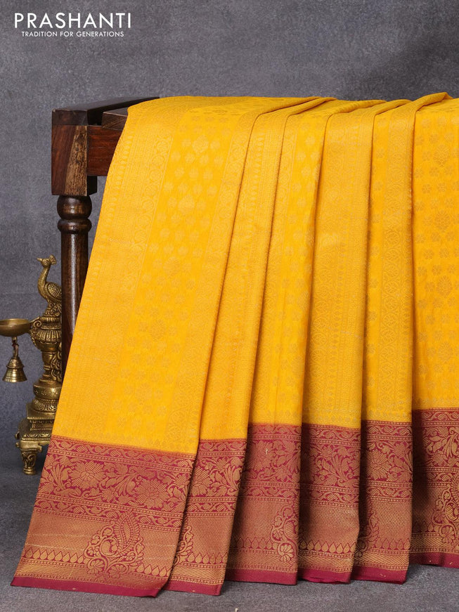 Banarasi semi crepe silk saree mango yellow and wine shade with allover zari weaves and zari woven border - {{ collection.title }} by Prashanti Sarees