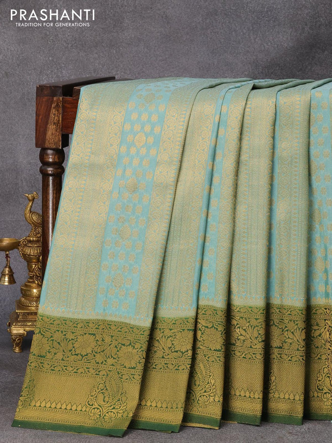 Banarasi semi crepe silk saree pastel blue shade and green with allover zari weaves and zari woven border - {{ collection.title }} by Prashanti Sarees