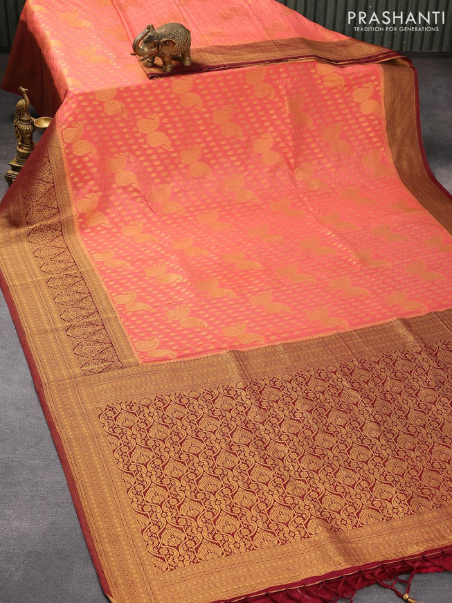 Banarasi semi crepe silk saree peach orange and maroon with allover zari woven paisley butta weaves and long zari woven border - {{ collection.title }} by Prashanti Sarees
