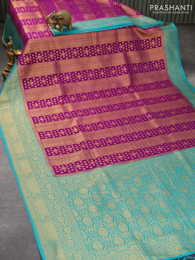 Banarasi semi crepe silk saree purple and teal blue with allover zari weaves and zari woven border - {{ collection.title }} by Prashanti Sarees