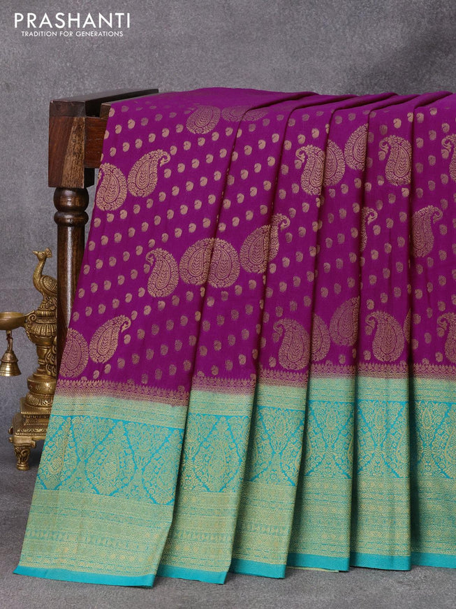 Banarasi semi crepe silk saree purple and teal blue with allover zari woven paisley butta weaves and long zari woven border - {{ collection.title }} by Prashanti Sarees
