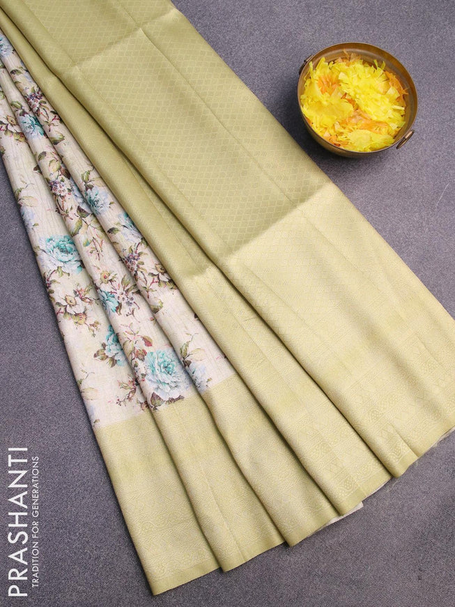 Banarasi softy silk saree cream and lime green with allover zari weaves & floral digital prints and zari woven border - {{ collection.title }} by Prashanti Sarees