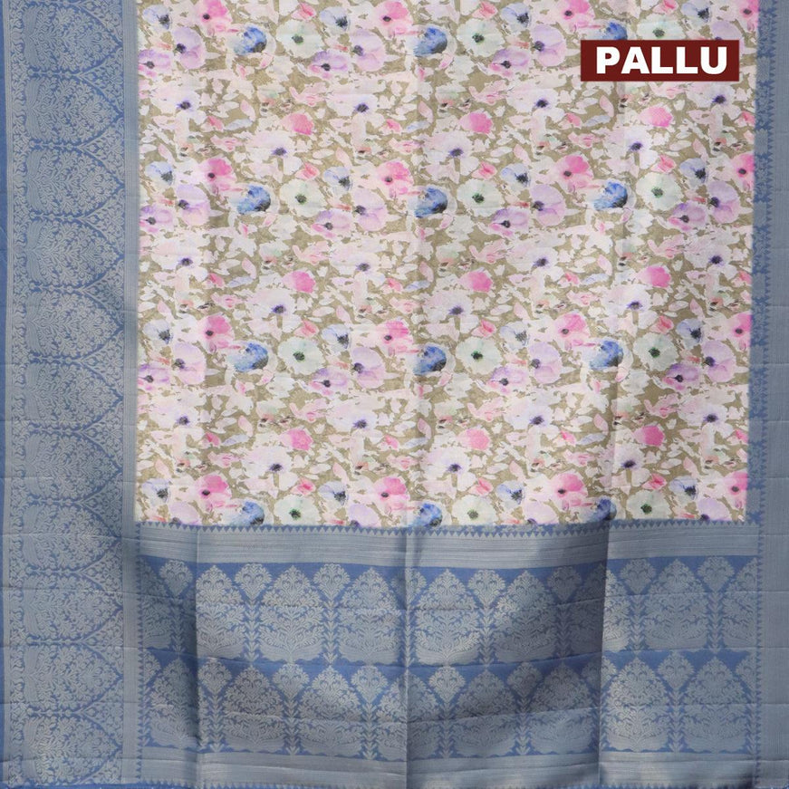 Banarasi softy silk saree dark beige and greyish blue with allover zari weaves & floral digital prints and long zari woven border - {{ collection.title }} by Prashanti Sarees
